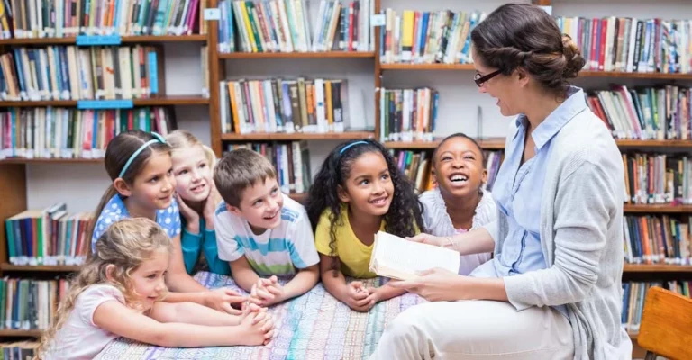 woman reading to young children
