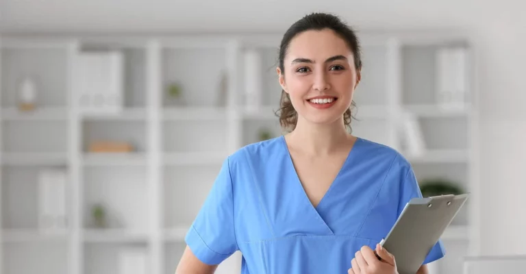 Medical Office Assistant woman working in health clinic.