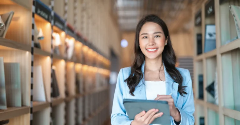 A business person standing in front of neatly organized shelves.