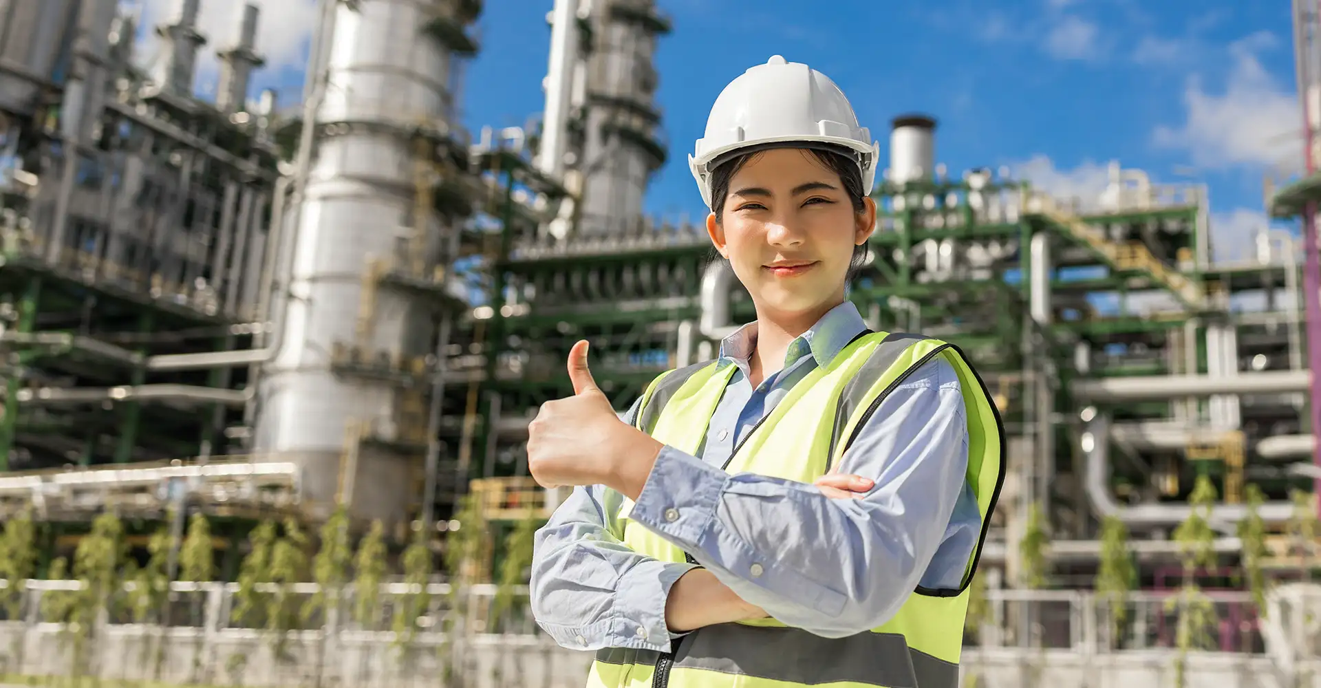 An oil and gas worker in a high-visibility jacket and hard hat.