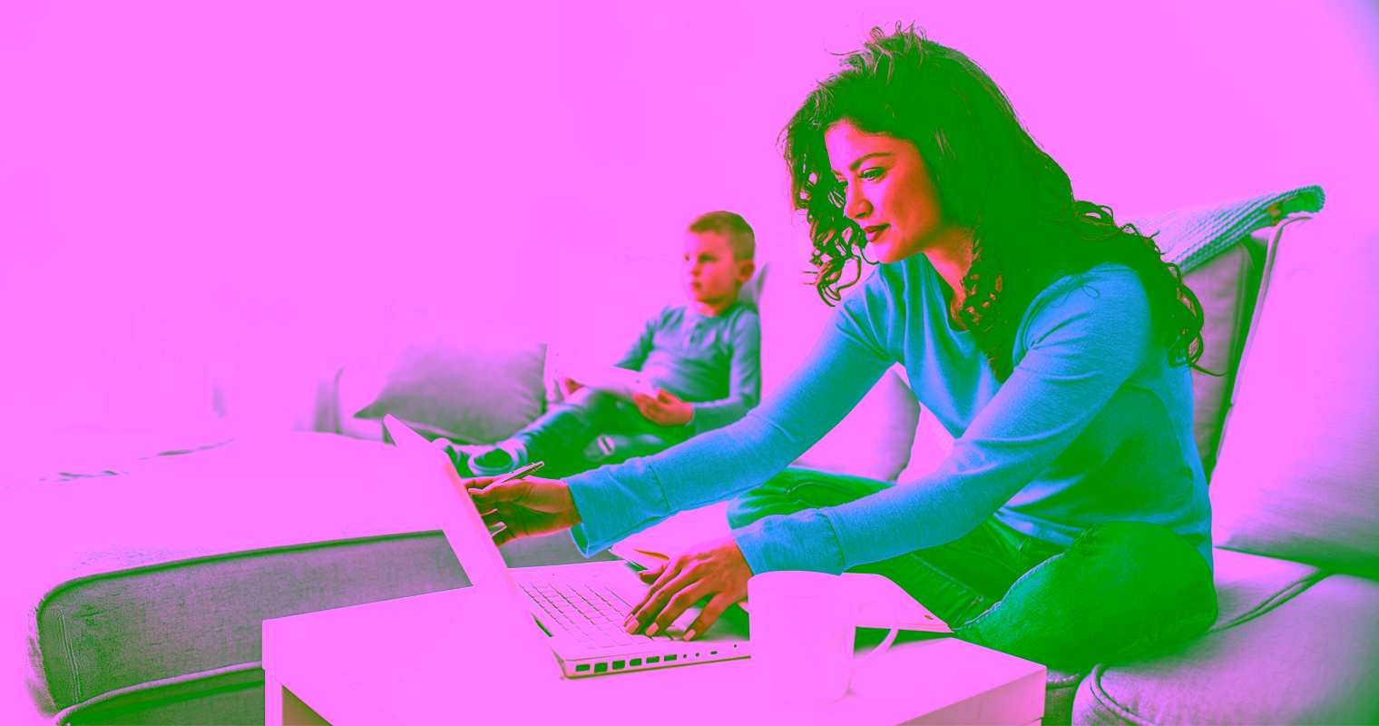 Student mom taking an online class from home.